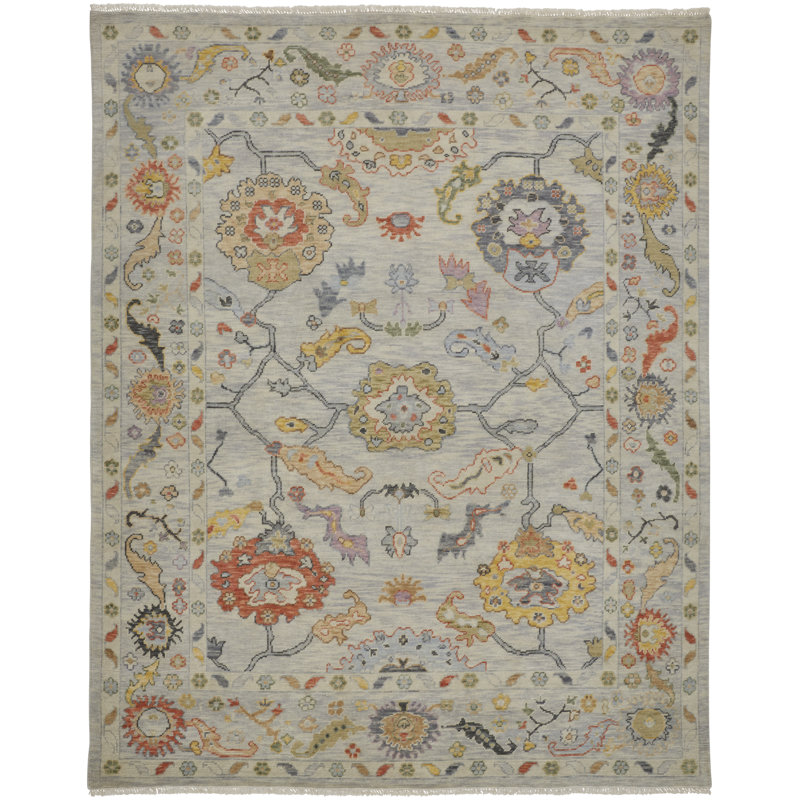 Karina Hand Knotted Wool Floral Area Rug in Orange/Yellow/Ivory, Rectangle 9'6" x 13'6"