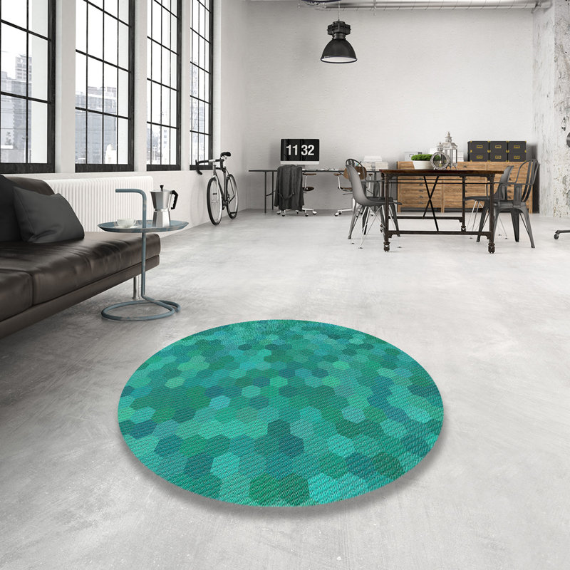 Tapis vert/jaune à motif de mer, Rond 3 pi