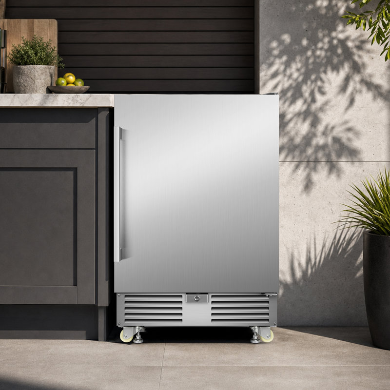 24“W 190 Cans Outdoor Stainless Steel Beverage Refrigerator with LED Lighting, Removable Shelves, and Temperature Memory - IPX4 Waterproof, Rust-Resistant, Built-In or Freestanding for Home/Commercial Use