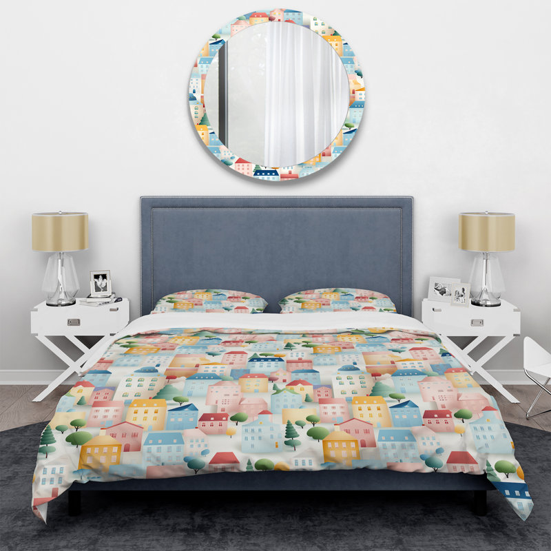 Ensemble de housse de couette doux couleur pastel Nordic Town Collage II, Housse de couette pour très grand lit et 2 très