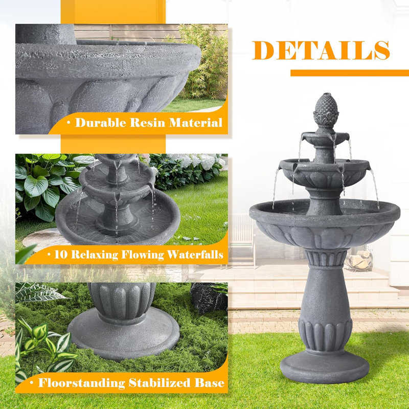40.6" High Large Italian Outdoor Water Fountain, 3-tier Standing Bubbler Waterfalls Fountain With Pineapple Top And Roman Pillar, Resin Garden Water Fountains For Bird Bath Patio Yard Deck