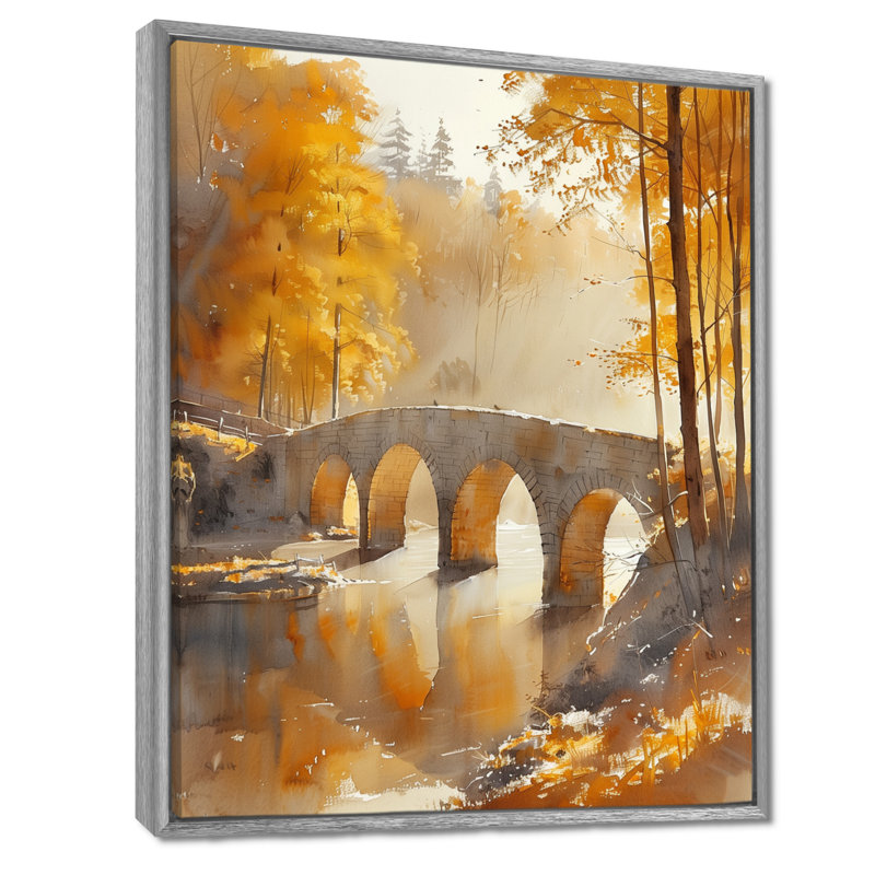 Jaune et jaune, automne, rivière de beauté III, pont, art mural, Encadrement argenté, H 34 po x l 44 po
