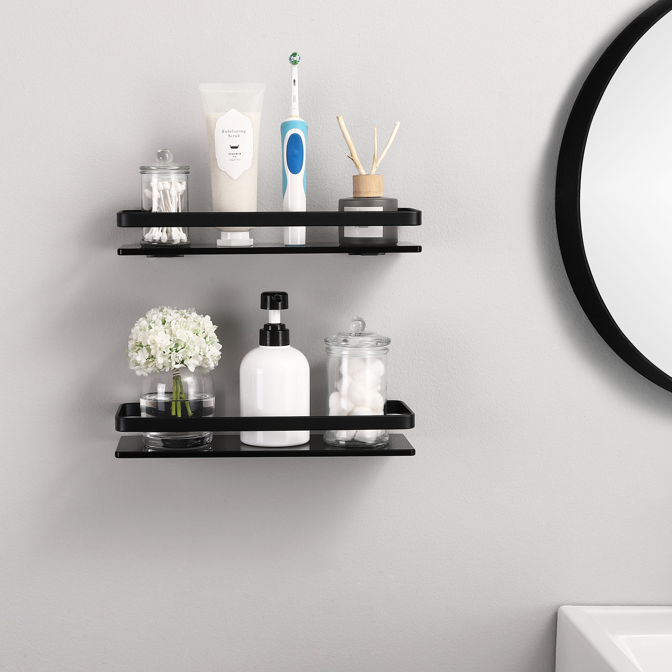 Ebern Designs Black Tempered Glass Wall Shelves 2 Pack, Rectangular ...