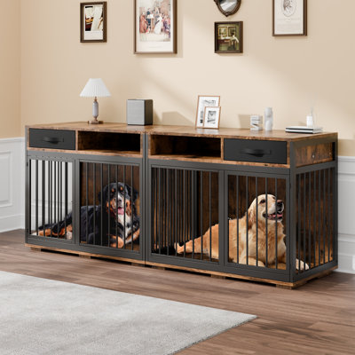 Grand meuble cage pour chien pour 2 chiens, 85,4 po, structure en métal, double cage de chenil pour chien, cage, grandes races, table télé avec rangement et paravent, brun rustique