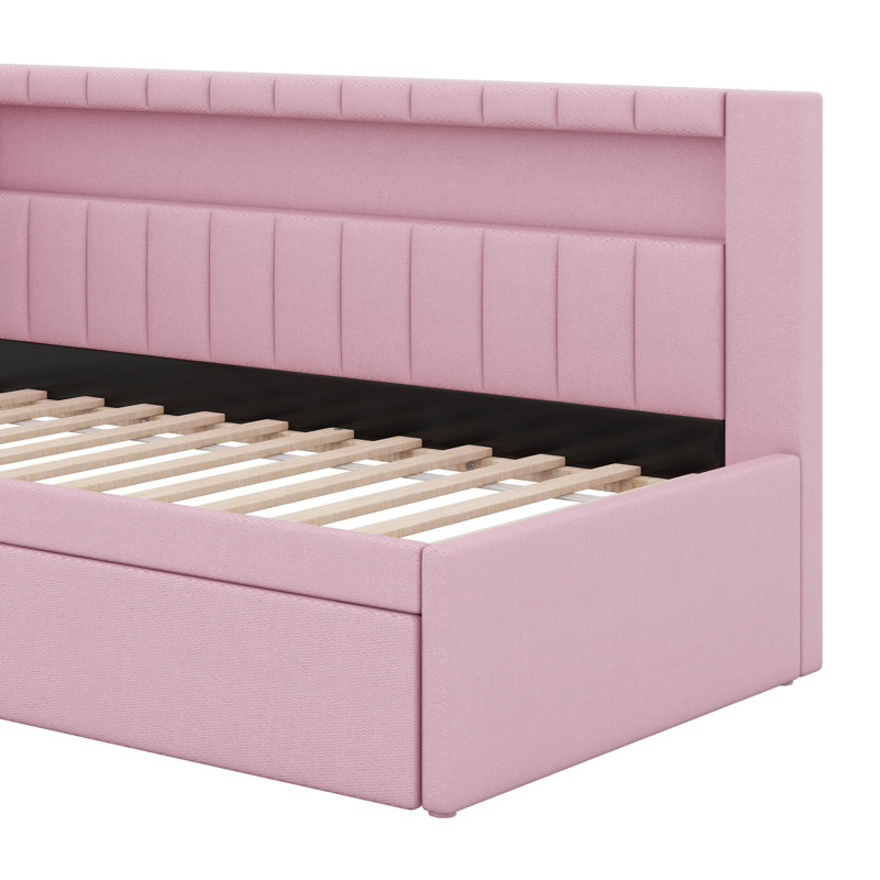 Lit plateforme tapissier simple avec ports USB et ceinture à DEL, structure de lit de jour souple avec lit gigogne, canapé de jour