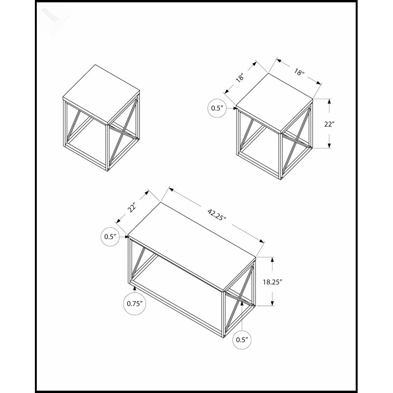 Ensemble de table moderne 3 pièces avec cadre en X gris et plateaux stratifiés blancs pour le salon, Blanc