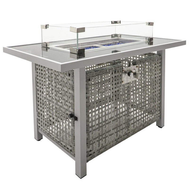 43" Propane Gas Fire Pit Table, 60000 BTU Rectangular Open Weave Wicker Fire Pit with Glass Wind Guard for Outside Patio Deck Garden Backyard