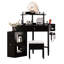 Meuble-lavabo de coin avec station de charge, plateau de table en verre, armoire amovible et rangement pour tabouret de maquillage noir, coussin de table