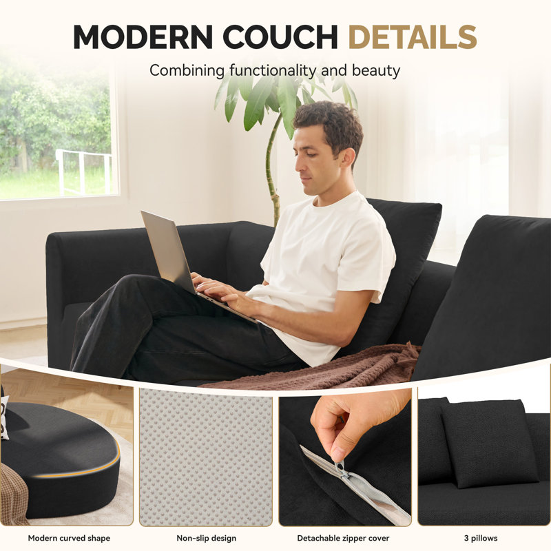 Modern Style Curved Sofa, Upholstery Boneless Corduroy Sofa Couch with 3 Pillows, Oversized Sleek Curved Sectional Boucle Fabric Couch for Living Room