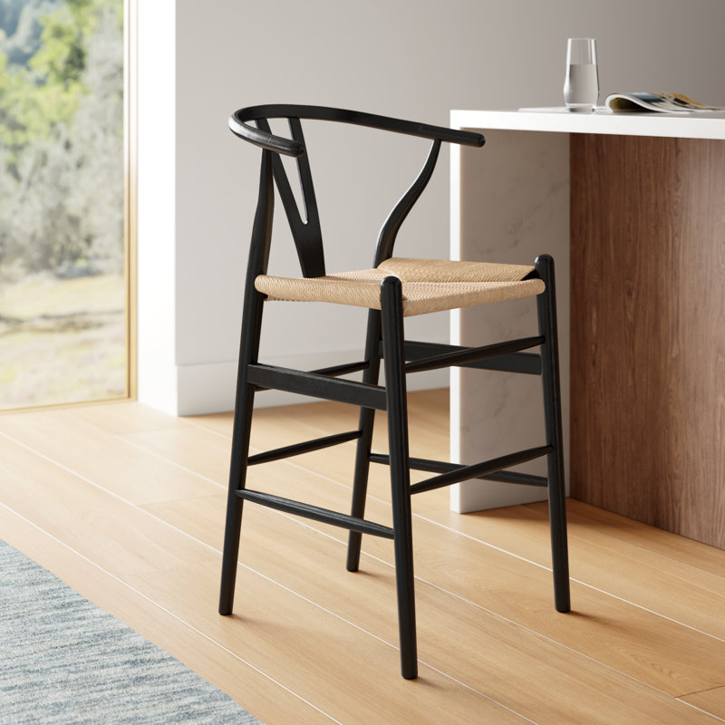 Black and Natural Wood Counter Stool with Wicker Seat