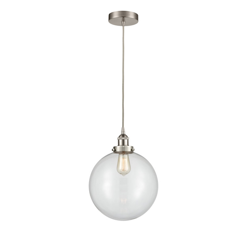 Luminaire suspendu simple à 1 lumière Frederick, H 15,5 po x l 12 po x P 12 po, Transparent, Nickel satiné brossé