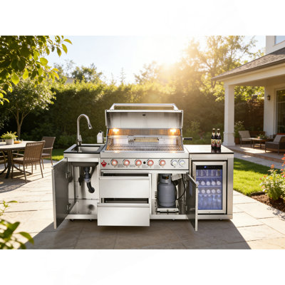Gril îlot de cuisine extérieur en acier inoxydable avec barbecue à 6 brûleurs 85 000 BTU de luxe et évier en acier inoxydable avec armoire de rangement à une porte et réfrigérateur à vin compact