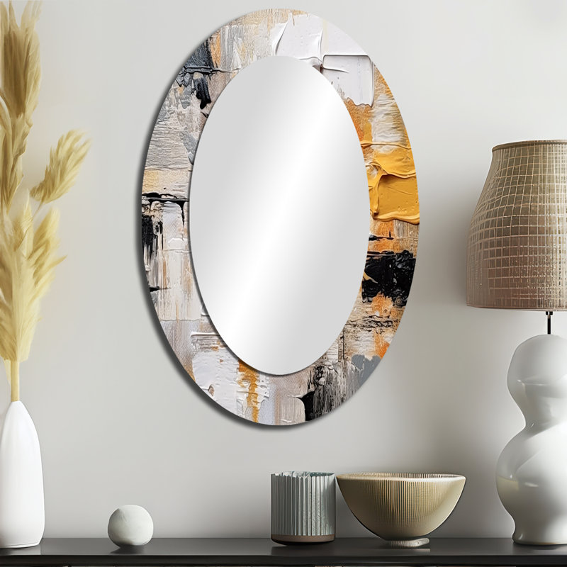 Beige And Gold Cubist Kaleidoscope III - Beige Oval Wall Mirror Decor, 36" x 24"