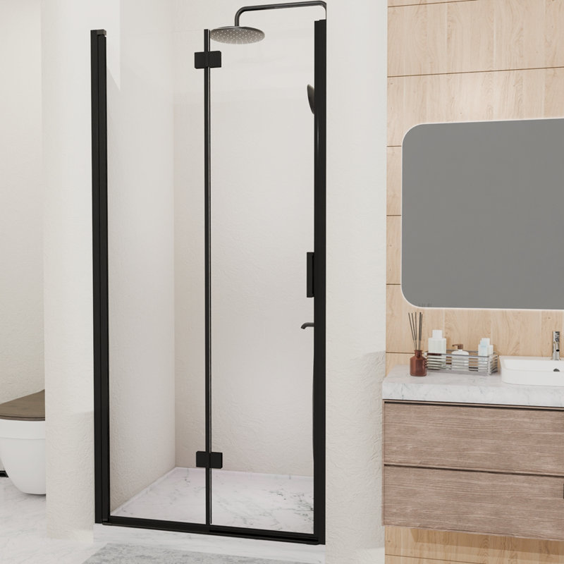 Porte de douche à charnière pliante semi-sans cadre et pivotante l 32-33,2 po x H 72 po, verre trempé 1/4 po (6 mm), panneau de salle de bain pliable, installation réversible