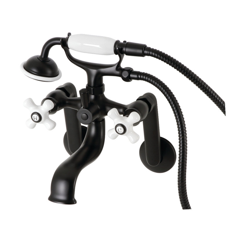 Kingston Brass Kingston Three-Handle 2-Hole Tub Wall Mount Clawfoot Tub Faucet with Hand Shower, Matte Black