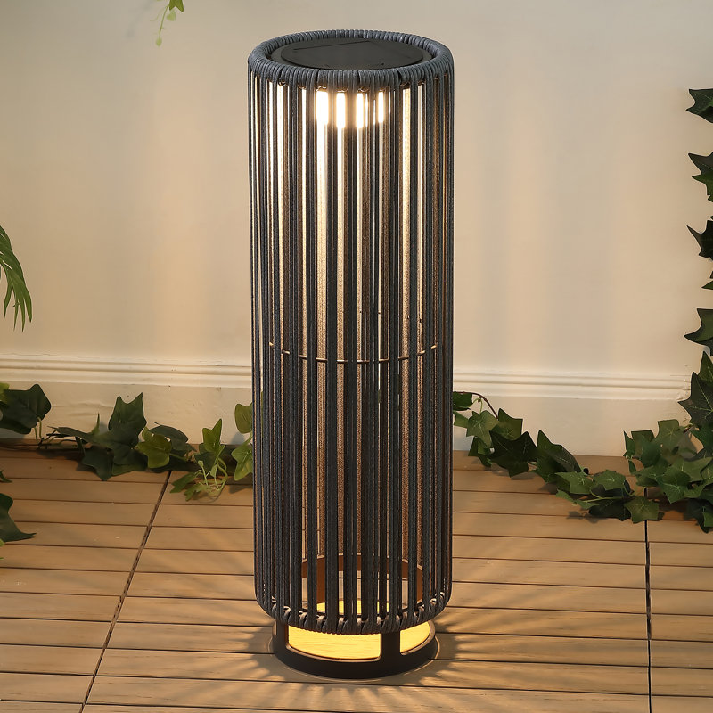 Sawara 26.75" Modern Minimalist Faux Rattan Integrated Indoor/Outdoor LED Solar Powered Lantern, Black/Gray