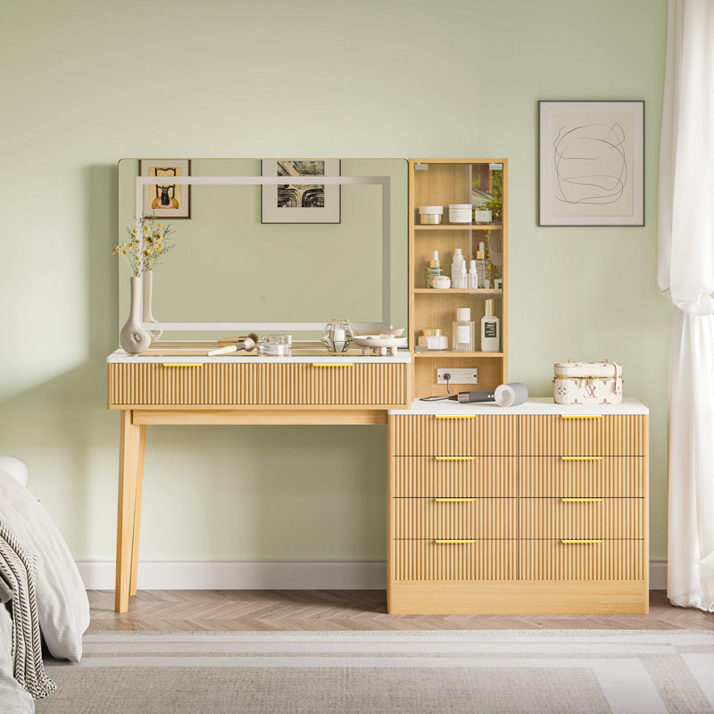 Makeup Vanity Desk With Smart LED Mirror, 10 Drawers, Glass Door Cabinet, Built-In Power Strip & Solid Wood Legs, Natural