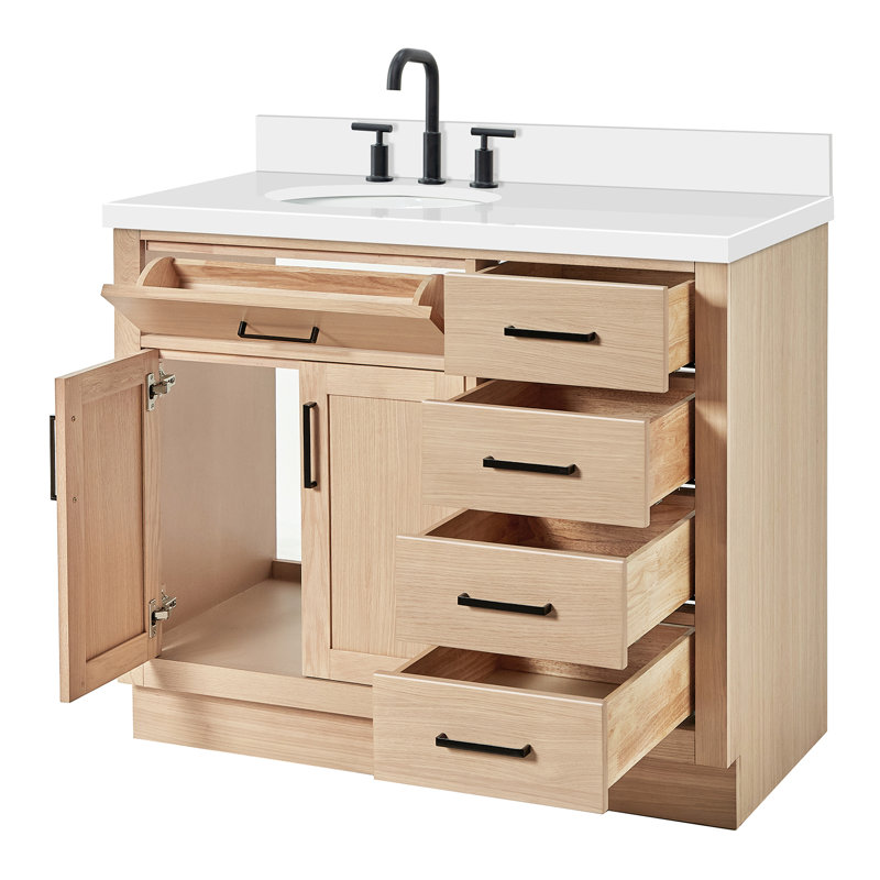 Meuble-lavabo simple en bois massif 42 po Tidworth avec plateau en quartz blanc 1,5 po, Gauche, Ovale, Chêne naturel