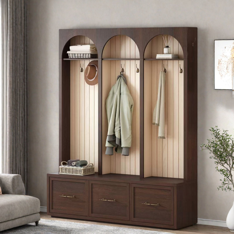 Farmhouse Wooden Style Hall Tree With Arched Design, Bench, 8 Retro Hooks, And 3 Drawers, Dark Walnut
