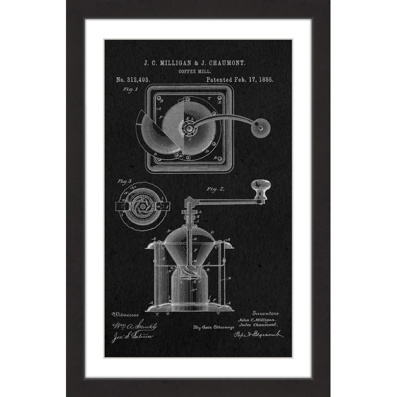 « coffee mill 1885 black paper » par steve king, reproduction d’art encadrée, H 18 po x l 12 po x P 1,5 po