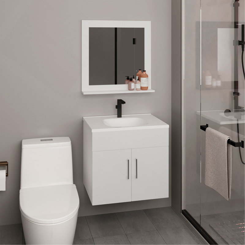 Armoire de salle de bain avec miroir et deux tablettes intérieures, rangement mural blanc, White