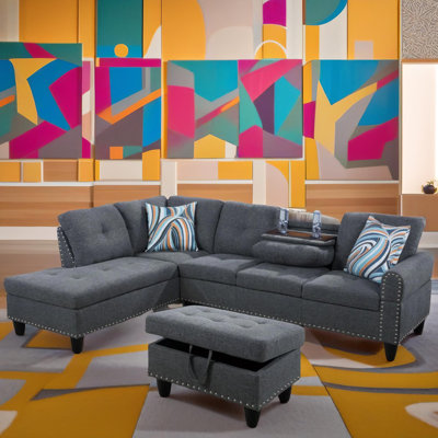 Opal Grey Linen Left-Facing Sectional 3-Piece Sofa Living Room Sofa Set