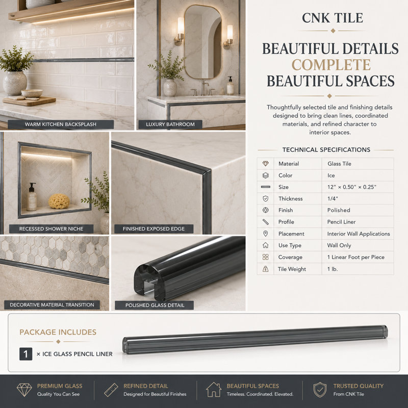 Doublure de crayon à glace CNK Tile - Garniture en verre lustré 12 po x 0,66 po pour salle de bain, dosseret, douche et décoration murale - Durable, résistant aux intempéries, facile à entretenir - Élégants projets de rénovation - Paquet de 1
