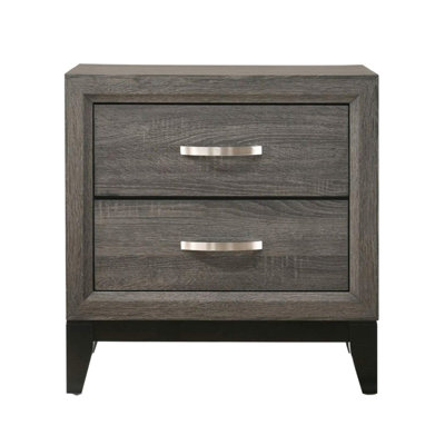 Table de chevet grise en bois avec 2 tiroirs et pieds fuselés pour la décoration de chambre matte patinée