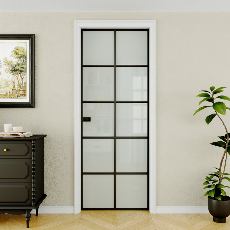 Porte coulissante à galandage 30x80 en aluminium noir avec cadre, serrure et fermeture amortie, porte à galandage 10 carreaux en verre trempé dépoli, porte en métal finition noire, porte de chambre, porte de chambre moderne haut de gamme