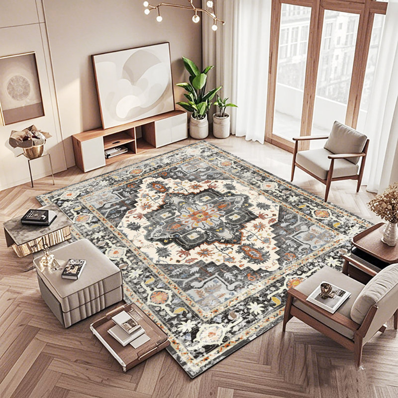 Vintage Persian Area Rug, Indoor Outdoor Carpet with Retro Floral Pattern, Washable Durable Rug for Living Room, Patio, Bedroom, Farmhouse