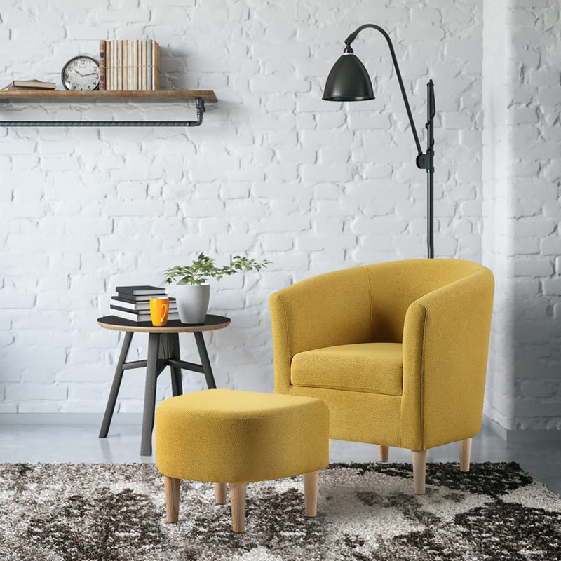 Fauteuil demi-tonneau rembourré de 27 po de large avec repose-pieds, Mélange de lin jaune