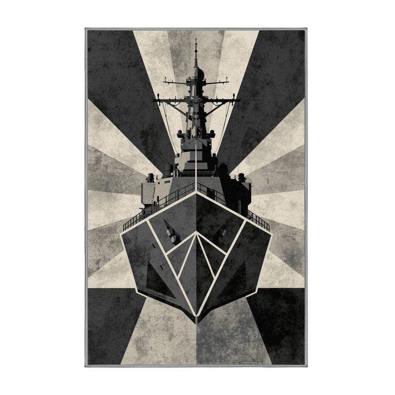 Machine Washable Eldred Naval Destroyer Ship Industrial Geometric Rug in Gray – Gray Binding, 4x6