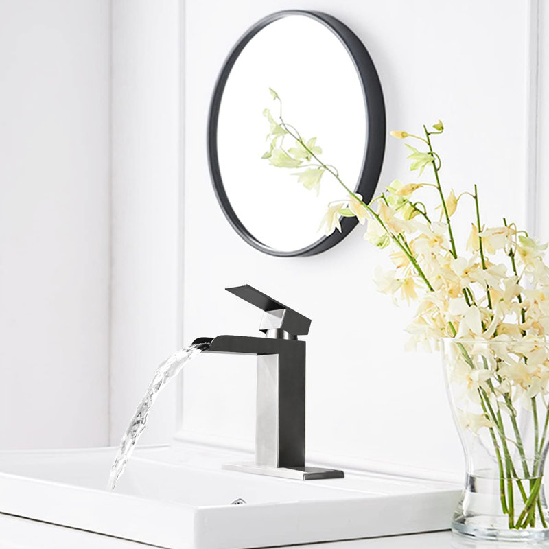 Contemporary Bathroom Faucet - Brushed Nickel Waterfall Single Handle With Deck Plate & Overflow Drain Design Pop Up