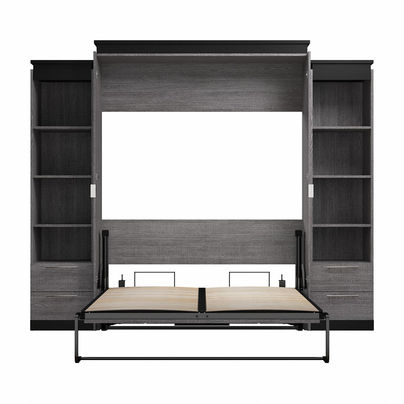 Camalla Queen Murphy Bed and 2 Narrow Shelving Units with Drawers (105W), Bark Gray
