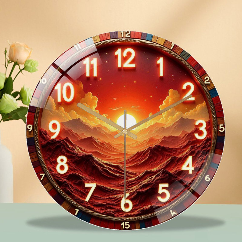 Sunset Mountain Landscape Wall Clock Art Decor Art - 12'' Modern Glass Wall Clock