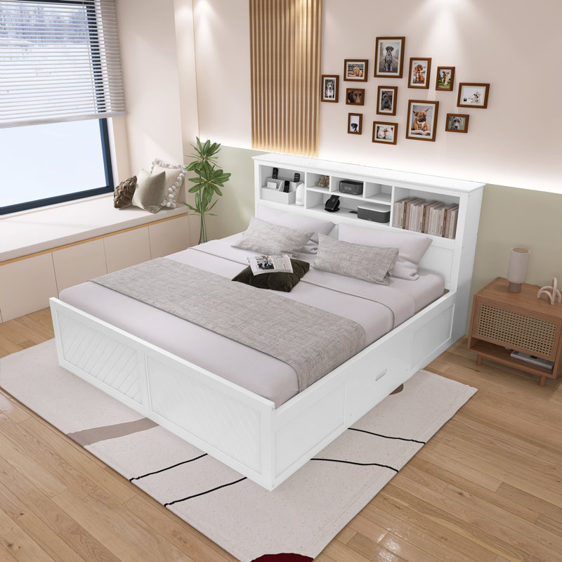 Lit plateforme très grand en bois avec tête de lit multi-rangement, USB et tiroirs, Blanc