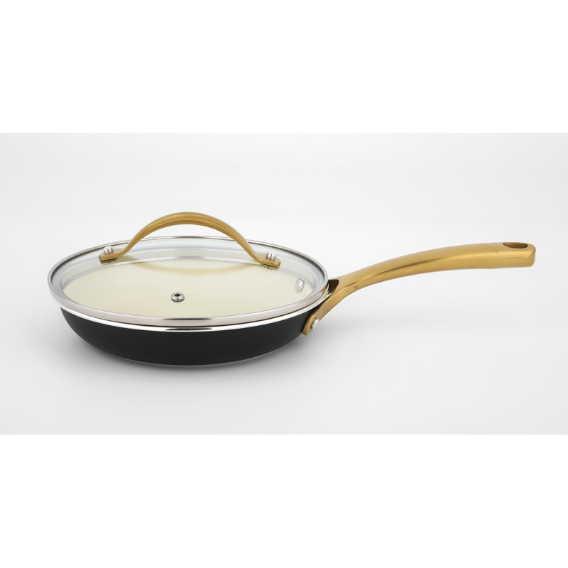 8-Inch White Ceramic Non-Stick Fry Pan with Golden Handle and Lid