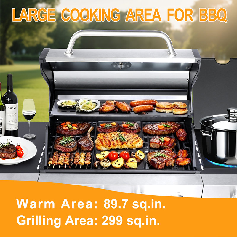 4-burner Propane Gas Bbq Grill With Side Burner, 46790btu Output With Enameled Cast Iron Cooking Grids For Outdoor Barbecue, Stainless Steel