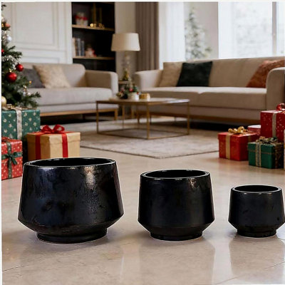 Handmade Black Matte Glazed Ceramic Planter Set of 3, 15/11/9 Inch Diameter, Textured Finish for Orchids & Begonias, Indoor/Outdoor Use on Windowsill & Bookshelf, Breathable Clay