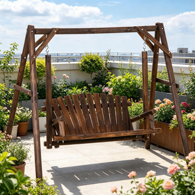 Banc de balançoire en bois 2 places, conception ergonomique, structure en forme de A, stable et antidérapant, balançoire de jardin en bois massif