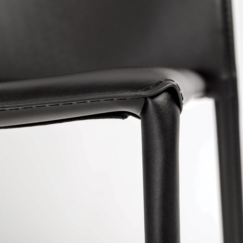 Two Pieces of Irmingard Premium All Black Leather Match Stacking Dining Chairs, Black, Black
