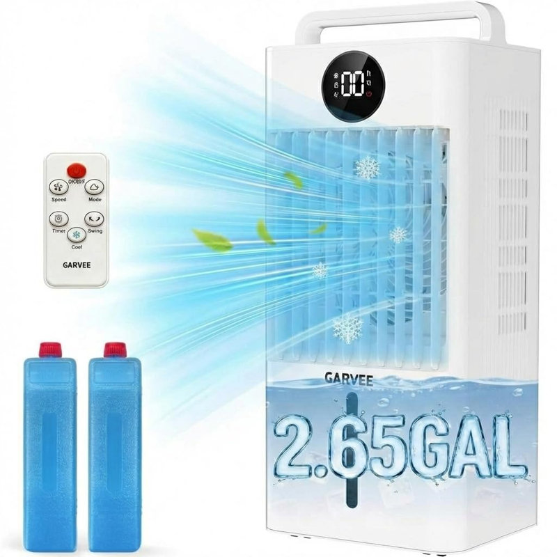 Refroidisseur d'air par évaporation portatif 10L, refroidisseur de marais écoénergétique 45W avec commandes tactiles et télécommande, oscillation verticale 90 ° + horizontale 90 °, ventilateur d'affichage à DEL, norme américaine 120 V 60 Hz