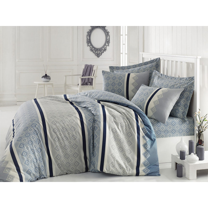 Ensemble de housse de couette 100% coton gris / bleu Svoboda, Housse de couette double + 2 taies d'oreiller 24 p