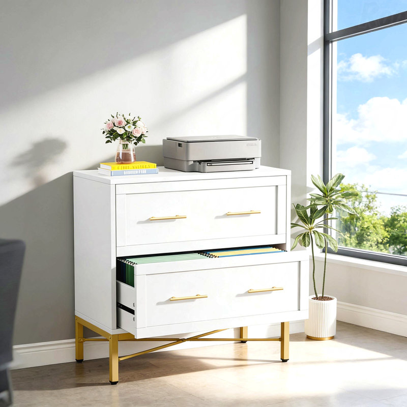 Office File Cabinet,2-Drawer File Cabinet,Sleek Design Storage Cabinet, Gold/White