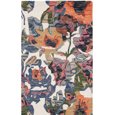 Tapis floral bleu / ivoire en laine / coton touffeté à la main Kape