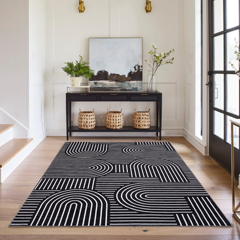 Striped Washable Area Rug, Black, Rectangle 160 x 230 cm