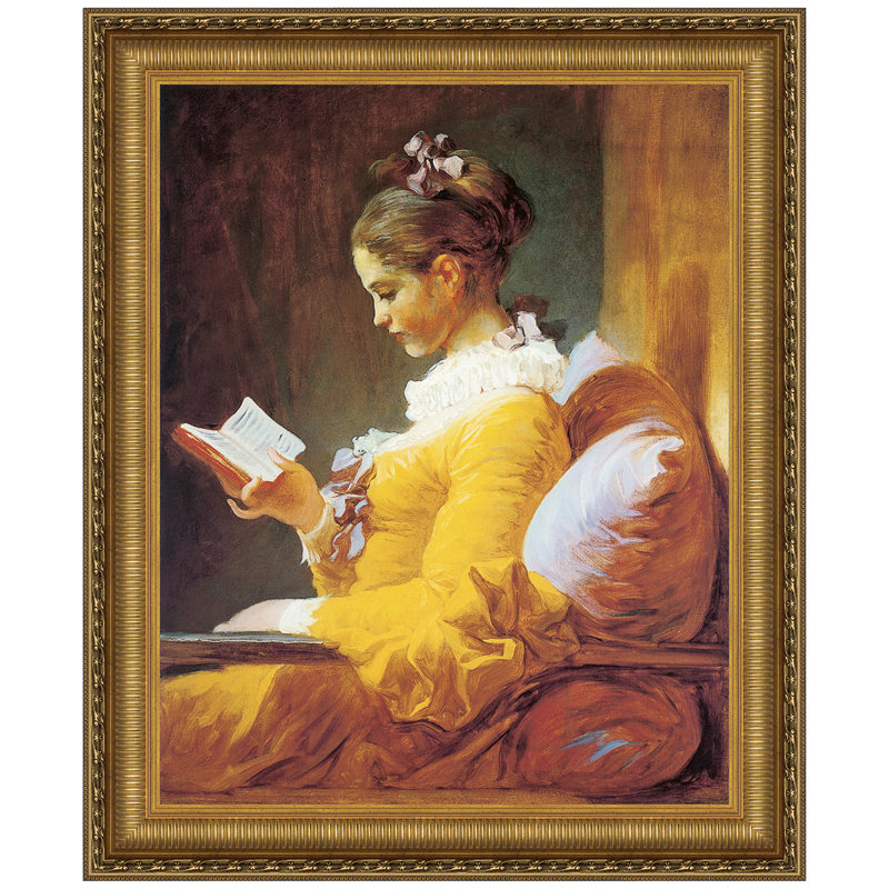 Large Gold Framed Canvas Art of Girl Reading in Yellow Dress
