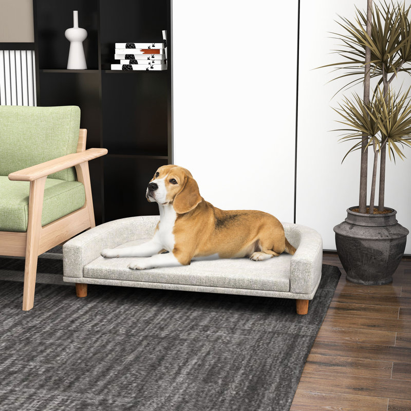 Grand lit gris pour chien, mousse épaisse, coussin amovible, grand lit pour chien avec housse luxueuse pour animaux de compagnie, pieds en bois