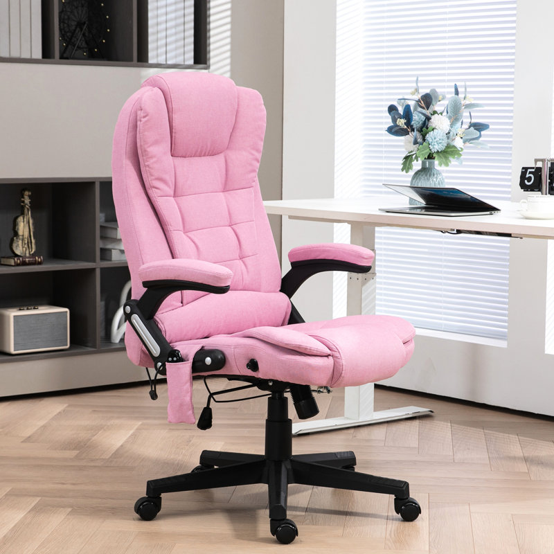 All Day Comfortable Office Chair In Pink, 6 Point Vibrating Massage, Heat, Reclining , Armrest Padding Pink Massage With High Back Soft Fabric, Padded