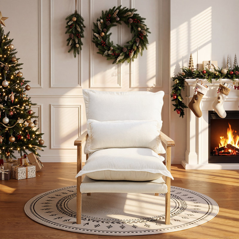 Chenille Accent Chair Armchair With Pillow, Natural Wood, Beige